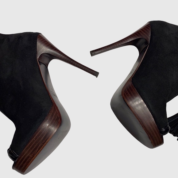 L’AGENCE BLACK SUEDE STILETTO ANKLE BOOT WITH FRONT ZIPPER CLOSURE AND TUSSLE - Picture 10 of 16